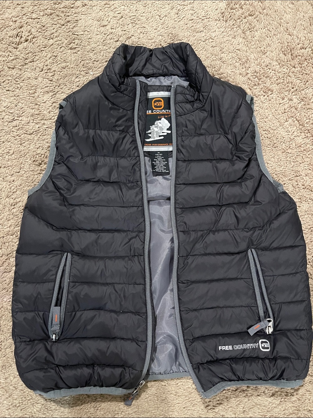 Free Country Black Quilted Puffer Vest with Gray Trim